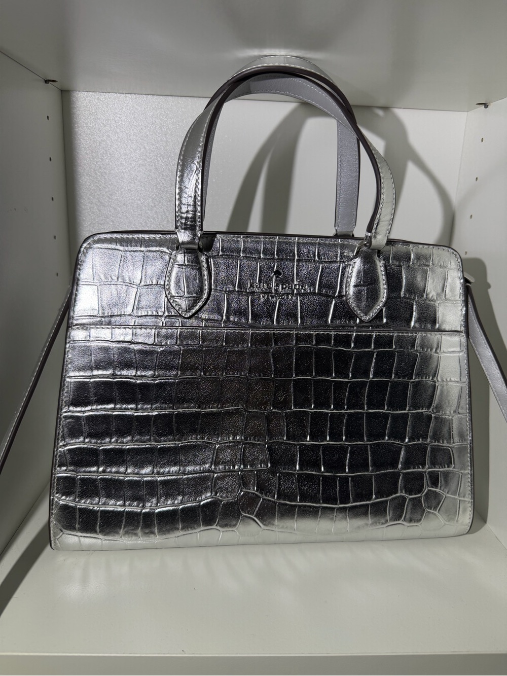 Kate Spade Metallic Croc-Embossed Satchel - Silver